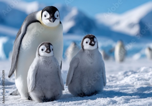 an emperor penguin with two baby emperor penguins, all standing on the snow-covered ground