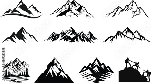 Mountain icon logo vector illustration for adventure outdoor sport graphic design. Black stone and landscape drawing, different shape of peak logo mountain icon silhouettes. Evergreen forest black