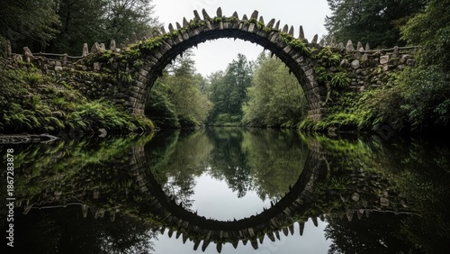 Mossy stone bridge arching over serene forest lake with reflection