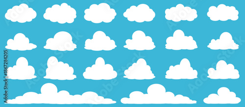 set of vector illustrations of clumpy clouds, cloud bubbles in flat style on a blue background	
