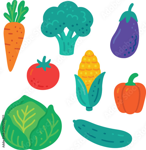 Fresh Vegetable Icons Set Pepper Eggplant Corn Cabbage Tomato
