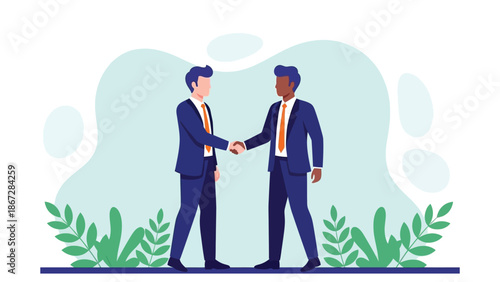 Two Business Partners Shake Hands In A Green Outdoor Setting For Collaboration And Growth