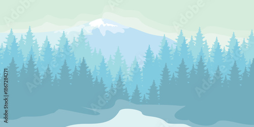 Winter landscape illustration of mountains and pine trees. Winter nature design in flat style.	