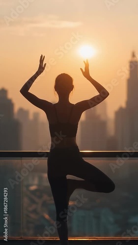 Silhouette of a woman practicing yoga tree pose on a balcony at sunrise with city skyline. Mindfulness, wellness, fitness and morning meditation concept