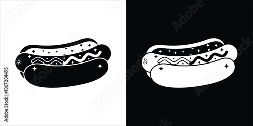 Monochrome hot dog icon with decorative toppings, perfect for food menus or fast-food branding