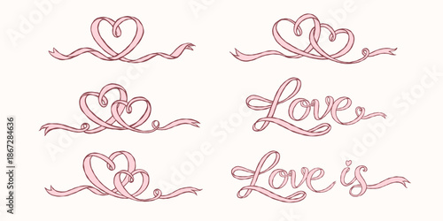 Hand drawn pink ribbon hearts and love lettering