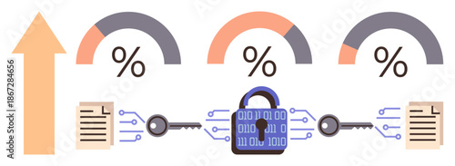 Data security, blockchain, encryption, coding systems, financial analysis, digital transactions. A lock with keys connects documents under percentage diagrams. Data security and blockchain