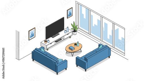 Isometric view of a modern living room featuring two blue sofas, a large TV, a coffee table, and expansive windows.