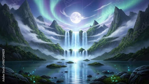 Majestic mountain landscape with waterfall under starry night sky