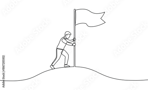 Continuous line art of a man planting a blank flag on a small hill, minimalist line art