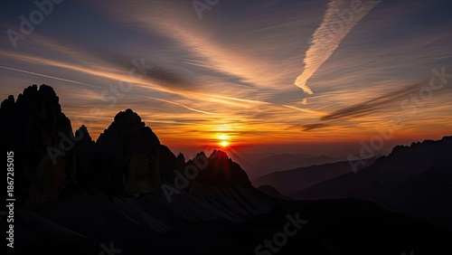 Sunset over majestic mountain range with vibrant orange sky