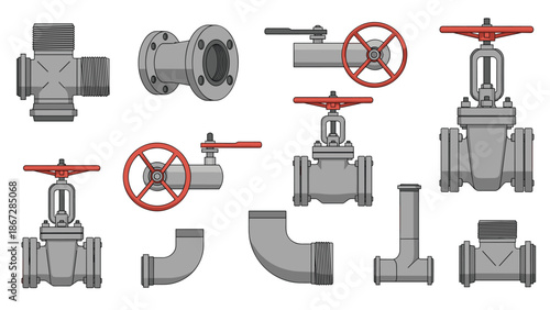 Detailed collection of industrial pipe fittings and various gate valves with red handwheels for fluid control systems.