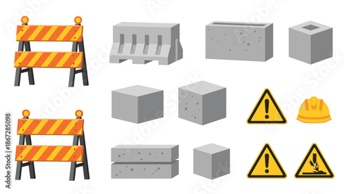 Comprehensive collection of construction site elements, including traffic barriers, concrete blocks, warning signs, and a hard hat.