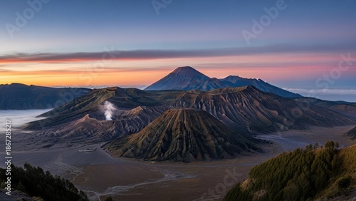 Breathtaking volcanic landscape at sunrise with rugged mountains