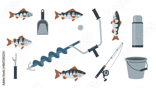 Comprehensive collection of ice fishing essentials and equipment, including an ice auger, fishing rod, shovel, bucket, thermos, and several fish, laid out on a white background.