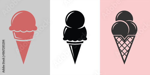 Three colorful ice cream cones illustration on light gray and pink backgrounds