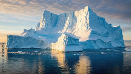 Majestic iceberg floating in calm Arctic waters at sunrise
