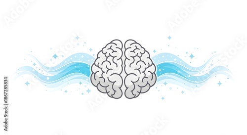 Human brain with line wave. Pulse wave in study neurology. Brain scan highlights neurology, where wave impulse maps the minds health and activity illustration