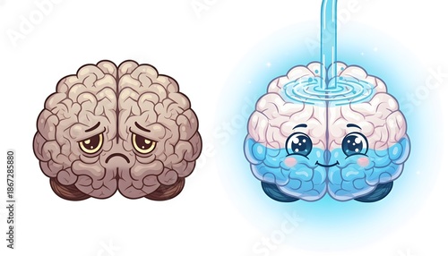 Sad brain with low water level and happy brain fully hydrated. Hydration concept for healthy mind and good mood. Educational illustration