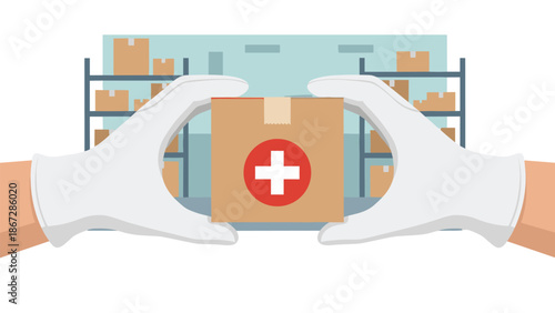 Pair of gloved hands holding a medical supplies box with a red cross symbol against a blurry warehouse backdrop, symbolizing safe handling and distribution of healthcare goods.