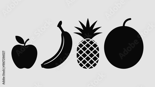 a simple illustration depicts several types of fruit including an apple a banana a pineapple and a watermelon arranged horizontally high quality professional detailed modern elegant