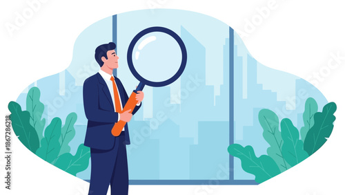 Businessman With Magnifying Glass Exploring Cityscape With Greenery And Modern Buildings