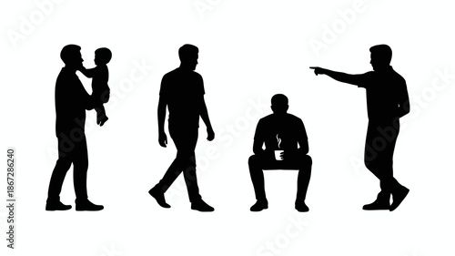 this image showcases a series of four black silhouettes of people in varying postures depicting a man holding a baby walking sitting and pointing high quality