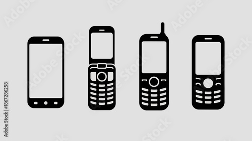 a visual depiction showcasing the evolution of mobile phone designs ranging from modern smartphones to older feature phones and flip phones high quality professional detailed elegant
