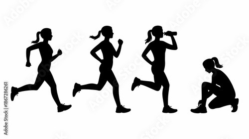 a silhouette depiction of four female athletes engaged in running and recovery activities showcasing dynamism and physical fitness high quality professional detailed modern elegant stylish clean