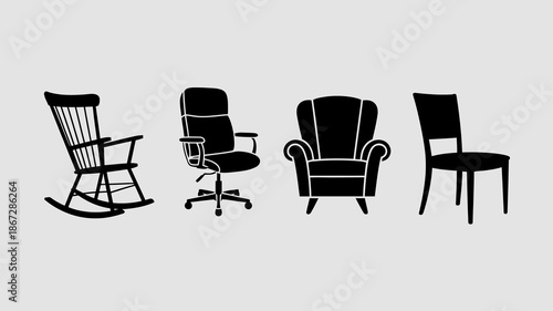 a simple black and white illustration depicts four distinct chair silhouettes arranged horizontally showcasing a rocking chair office chair armchair and dining chair high quality professional