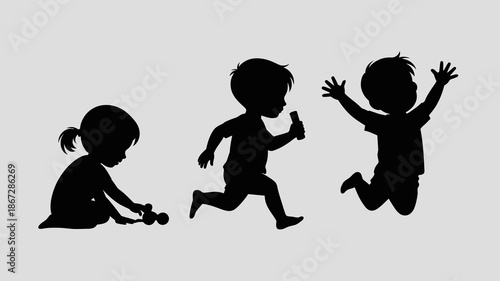 a simple silhouette art showcases the stages of childhood depicting a crawling baby running child and joyous leaping figure high quality professional detailed modern elegant stylish