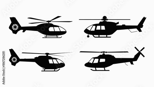 a collection of four black silhouette illustrations depicting different views and angles of modern helicopters in a simple style high quality professional detailed elegant stylish clean