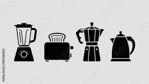 a simple illustration depicting a collection of common kitchen appliances including a blender toaster kettle and coffee maker in black silhouettes high quality professional detailed modern