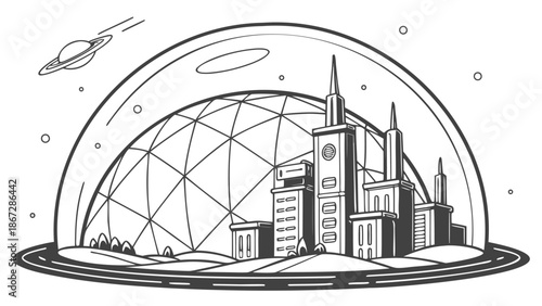 Futuristic cityscape under a protective dome in space