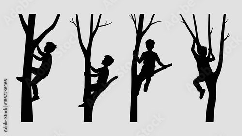 a stark silhouette depicts children playfully ascending and interacting with the bare branches of several slender trees against a pale background high quality professional detailed modern