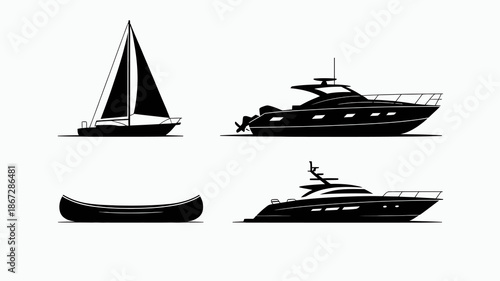 a minimalist black and white illustration depicts a sailboat a motor yacht a traditional canoe and a luxury cruiser on water high quality professional detailed modern