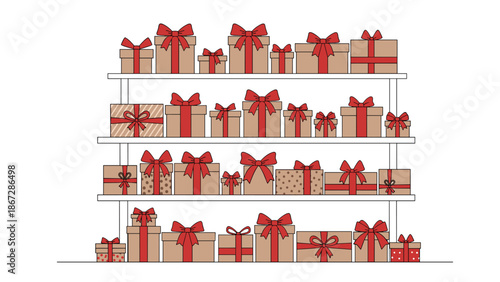 Wall of shelves filled with numerous beautifully wrapped gift boxes with red bows, signifying a festive occasion, shopping, holiday season, or celebration.