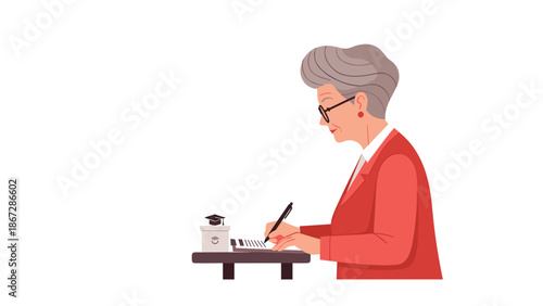 Elegant senior woman with glasses and an updo hairstyle intently writing on a small notepad with a pen, next to an inkwell, suggesting a thoughtful author or academic.