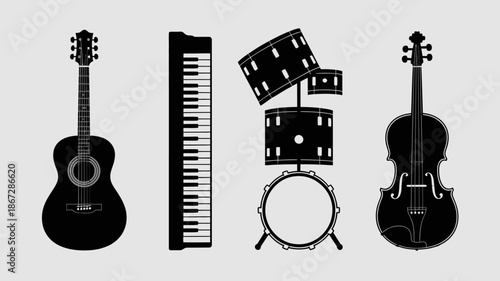 a striking monochrome illustration showcases a collection of musical instruments including a guitar keyboard film reel and violin high quality professional detailed modern elegant stylish clean