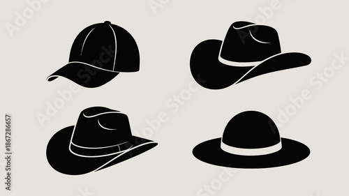 a collection of four black silhouette hats including a baseball cap cowboy hat fedora and a simpler round hat displayed on a neutral background high quality