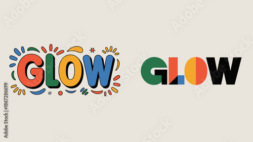 the image displays two different typographic treatments of the word glow one with a playful illustrated style and the other with a bold modern aesthetic