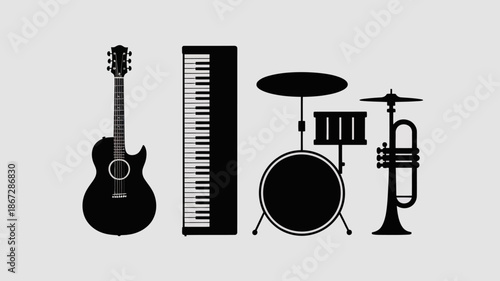 a simple graphic illustration depicts a black guitar keyboard drum set and trumpet arranged horizontally representing musical instruments and music creation high quality professional detailed modern