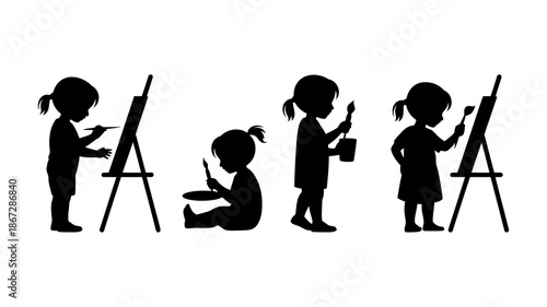a silhouette illustration depicts three young children engaged in artistic pursuits painting and drawing with easels high quality professional detailed modern elegant stylish clean crisp vibrant