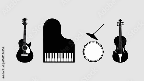 a simple illustration depicts a collection of musical instruments including a guitar piano drum set and violin arranged horizontally high quality professional detailed modern elegant stylish