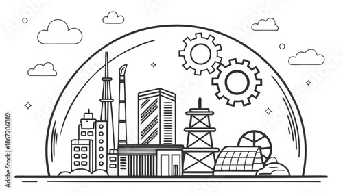 Modern industrial cityscape with gears and machinery