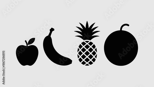 a minimalist depiction showcasing a variety of fresh fruits including an apple banana pineapple and orange displayed in black silhouettes high quality professional detailed modern elegant
