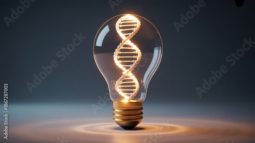 Illuminated DNA helix inside a glowing light bulb, representing innovation and life science.