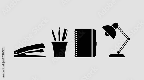 a minimalist illustration showcases common office stationery items like a stapler pen holder pens a notebook and a desk lamp arranged in a row high quality