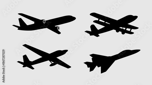 a collection of four black silhouettes depicting various aircraft types including passenger planes and fighter jets against a light gray background high quality professional detailed modern