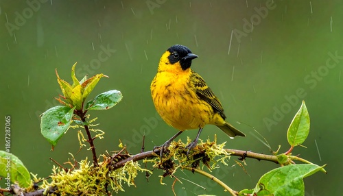 Bright yellow bird sits on a mossy branch against a blurred green background during rain